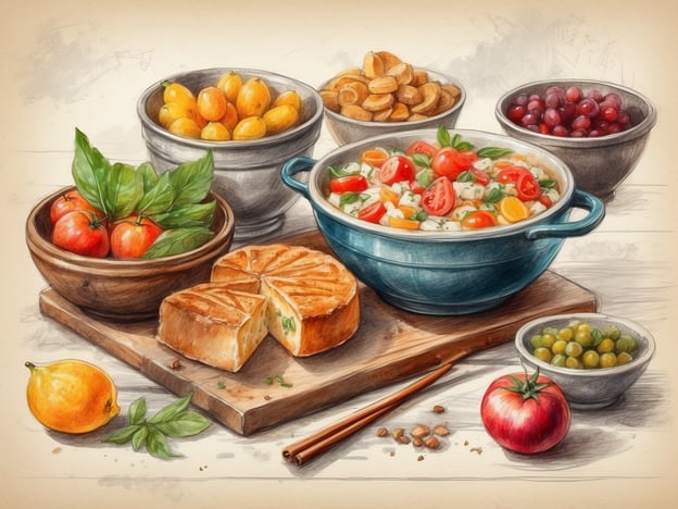 Auf dem Bild sind eine Vielzahl kulinarischer Genüsse zu sehen, die typisch für mediterrane Regionen sind. Im Vordergrund befindet sich ein schmackhaftes Gericht, das wahrscheinlich aus frischem Gemüse wie Tomaten und Kräutern besteht. Daneben sieht man einen herzhaften Käse oder einen Auflauf, der goldbraun und knusprig wirkt.Oben sind verschiedene Schalen mit Früchten wie Kirschen, Trauben und wahrscheinlich Aprikosen oder kleinen Pflaumen angeordnet, die für die Süße des Essens sorgen. Dazu gibt es auch eingelegte Oliven, die typisch für die mediterrane Küche sind.Ein paar frische Kräuter, vermutlich Basilikum, ergänzen die Präsentation und verleihen den Speisen Aroma. Diese Auswahl spiegelt die Fülle und Vielfalt der regionalen Küche wider, die reich an frischen, saisonalen Zutaten ist.