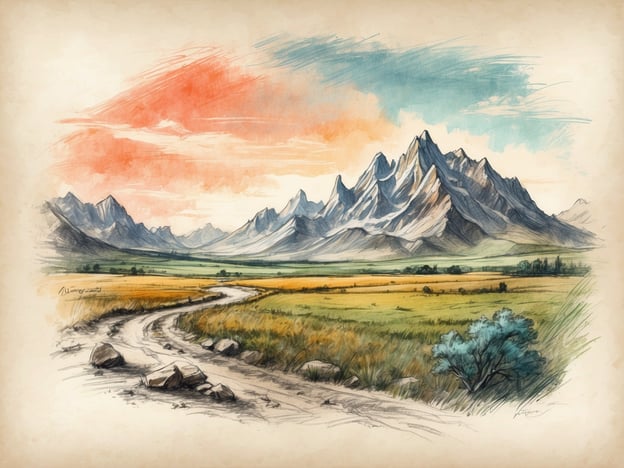 Auf dem Bild ist eine malerische Landschaft zu sehen, die durch sanfte Hügel und majestätische Berge geprägt ist. Der Himmel zeigt ein beeindruckendes Farbenspiel mit warmen Orange- und Blautönen, was auf einen wunderschönen Sonnenuntergang hindeutet. Ein geschwungener Weg zieht sich durch die grüne Wiese, umgeben von einzelnen Steinen und einem kleinen Busch.In der Geschichte von Hohegeiß könnte diese Landschaft eine der vielen malerischen Ecken repräsentieren, die die Natur unserer Heimat prägen. Die Ruhe und Schönheit der Natur erinnern an die idyllischen Wanderungen und Erlebnisse, die die Menschen dort haben. Die Berge könnten die Herausforderungen symbolisieren, die es zu überwinden gilt, während der Weg die Reise des Lebens und der Erinnerungen darstellt.