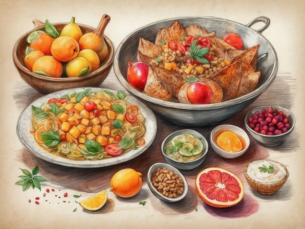 Auf dem Bild sind vielfältige kulinarische Genüsse zu sehen. In einer großen Schüssel befinden sich knusprige Nachos, die mit einer bunten Mischung aus Gemüse und aromatischen Kräutern garniert sind. Daneben liegt ein Teller mit einem Salat aus würzigem Kürbis, frischen Tomaten und Zwiebeln, verfeinert mit Basilikum.Es gibt auch eine Auswahl an frischem Obst: Orangen, Äpfel und Birnen, die in einem dekorativen Gefäß angerichtet sind. Neben den Früchten sind kleinere Schalen mit verschiedenen Zutaten wie Nüssen, Cranberries und Zitrusfrüchten zu sehen. Zudem wird ein cremiger Dip präsentiert, der das Ganze perfekt abrundet. Diese Anordnung bietet eine harmonische Kombination aus frischen Aromen und Farben.
