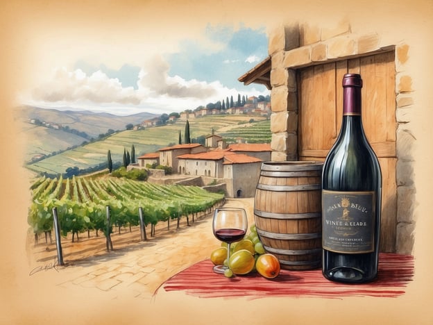 Auf dem Bild sind malerische Weinberge zu sehen, die typisch für die Region Porto und das Douro-Tal sind. Diese Region hat eine lange Geschichte des Weinbaus, die bis in die Römerzeit zurückreicht, als die ersten Weinstöcke gepflanzt wurden.Die Landschaft ist geprägt von terrassierten Weinbergen, die über die Hügel wogen. In den letzten Jahrhunderten hat die Weinproduktion in dieser Region, insbesondere die Herstellung von Portwein, große wirtschaftliche und kulturelle Bedeutung erlangt.Die Abbildung zeigt auch eine Weinflasche und ein Glas Rotwein, was auf die Tradition des Weingenusses hinweist, die tief in der portugiesischen Kultur verwurzelt ist. Die Verbindung von Landschaft, Wein und landwirtschaftlicher Tradition spiegelt die einzigartige Identität des Douro-Tals wider, das 2001 von der UNESCO zum Weltkulturerbe erklärt wurde.