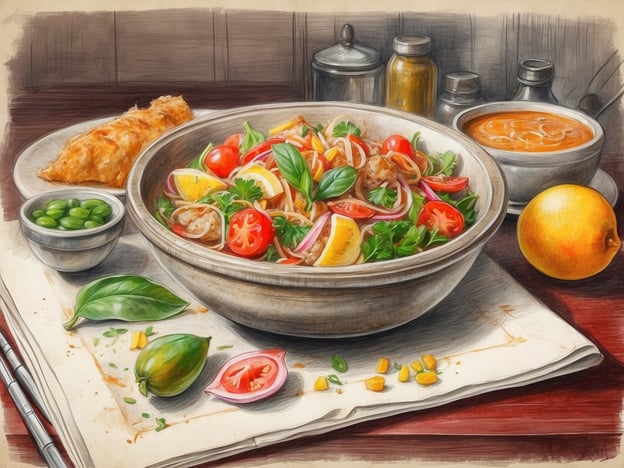 Auf dem Bild sind mehrere kulinarische Highlights zu sehen. Im Mittelpunkt steht eine große Schüssel mit einem bunten Salat, der mit frischen Tomaten, Zwiebeln, Kräutern und Zitronenstücken garniert ist. Daneben befindet sich eine kleine Schale mit grünen Erbsen, die als knackige Beilage dienen.Ein knusprig gebratener Snack, möglicherweise eine Frühlingsrolle oder eine ähnliche Spezialität, liegt auf dem Teller, und in einer anderen Schüssel sieht man eine würzige Suppe, die eventuell mit Nudeln zubereitet ist.Außerdem ist eine frische, saftige Orange zu sehen, die mit ihrem leuchtenden Farbton einen zusätzlichen Akzent setzt. Dieses Arrangement verspricht eine Vielfalt an Aromen und Texturen, die das Essen zu einem echten Genuss machen.