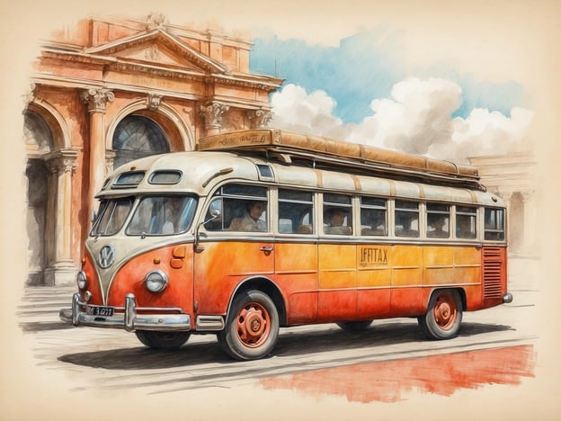 Auf dem Bild ist ein klassischer Volkswagen-Bus zu sehen, der oft als "Bulli" bezeichnet wird. Dieser Typ von Fahrzeug wurde erstmals in den 1950er Jahren produziert und ist ein ikonisches Symbol der deutschen Automobilgeschichte. Der Bulli wird mit Freizeit, Reisen und der Hippiekultur in Verbindung gebracht, besonders in den 1960er und 1970er Jahren, als er von jungen Menschen und Gegenkulturbewegungen als Transportmittel für ihre Abenteuer und Roadtrips genutzt wurde.Der Hintergrund des Bildes zeigt architektonische Elemente, die an historische Gebäude erinnern, was darauf hindeutet, dass der Bus möglicherweise in einer städtischen Umgebung oder an einem berühmten Wahrzeichen positioniert ist. Diese Verbindung zwischen einem historischen Bus und repräsentativer Architektur spiegelt die Wechselwirkungen zwischen Mobilität und städtischer Kultur wider. Der Bus symbolisiert nicht nur Reisen und Entdeckung, sondern auch den Einfluss von Automobilen auf die soziale und kulturelle Entwicklung in der Nachkriegszeit.