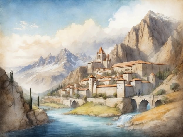 Auf dem Bild sind majestätische Berge zu sehen, die eine malerische Stadt umgeben, die auf Hügeln errichtet ist. Diese Art von Landschaft erinnert stark an die Geschichte von San Marino, einem kleinen, unabhängigen Land, das auf dem Monte Titano liegt.Die Legende besagt, dass San Marino im Jahr 301 von einem Steinmetz namens Marino gegründet wurde, der sich hierher zurückzog, um der Verfolgung zu entkommen. Die Stadt entwickelt sich in einer strategisch wichtigen Lage, die sowohl Schutz bietet als auch Handelsmöglichkeiten eröffnet. Die Architektur, wie sie auf dem Bild angedeutet ist, könnte die alten Festungen und Türme widerspiegeln, die San Marino im Laufe der Jahrhunderte geprägt haben.Die harmonische Verbindung von Natur und Architektur in der Darstellung könnte die unerschütterliche Verteidigungsbereitschaft und die historische Schönheit von San Marino symbolisieren, das bis heute seine Unabhängigkeit bewahrt hat.