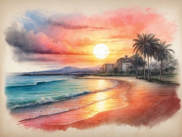 Auf dem Bild ist ein malerischer Sonnenuntergang über einem Strand zu sehen. Die Farben des Himmels reichen von sanften Rosa- und Orangetönen bis hin zu tiefen Blautönen, die eine romantische Atmosphäre schaffen. Die Sonne senkt sich langsam über dem Horizont und spiegelt sich im Wasser, während die Wellen sanft an den Strand rollen.Die palmengesäumte Küste und die sanften Hügel im Hintergrund bieten eine ideale Kulisse für romantische Fotomöglichkeiten. Paare könnten hier wunderschöne Erinnerungsfotos machen oder einfach den Moment zusammen genießen. Ein Sonnenuntergang an einem solchen Ort ist perfekt für romantische Spaziergänge oder entspannte Stunden am Wasser.