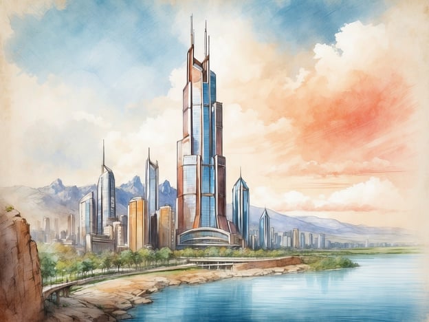 Auf dem Bild ist eine futuristische Stadtlandschaft mit beeindruckenden Hochhäusern und einem markanten, hohem Gebäude zu sehen, das möglicherweise als Aussichtsturm konzipiert ist. Diese Art von Türmen dient oft nicht nur als architektonische Meisterwerke, sondern auch als wichtige Orientierungspunkte in städtischen Gebieten, von denen aus Besucher eine weite Aussicht über die Umgebung genießen können.Historisch betrachtet haben Aussichtstürme symbolische und praktische Bedeutung, da sie oft als Wahrzeichen einer Stadt fungieren und Einblick in die Entwicklung städtischer Architektur und Gesellschaft bieten. Dieses Bild zeigt eine moderne Interpretation solcher Türme, die den technologischen und kulturellen Fortschritt einer urbanen Umgebung widerspiegelt.