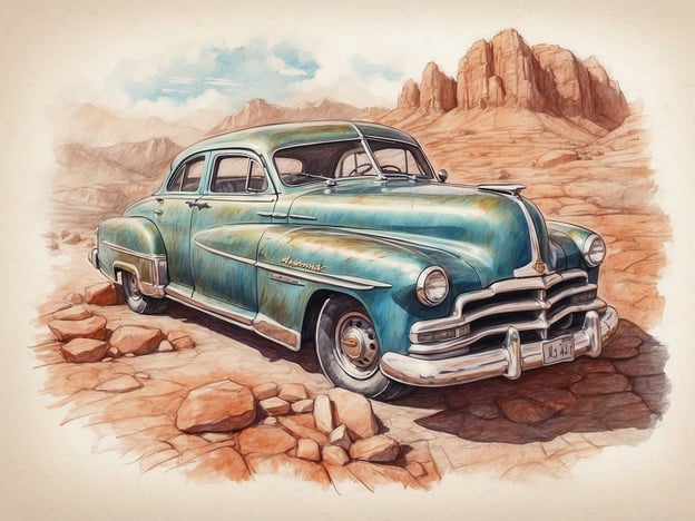 Auf dem Bild ist ein klassisches, nostalgisches Auto in einer rauen, wüstenähnlichen Landschaft zu sehen. Der Zustand des Fahrzeugs zeigt, dass es schon eine lange Reise hinter sich hat, was ihm einen charmanten Charakter verleiht.Wenn du an unentdeckten Aussichtspunkten und Geheimtipps interessiert bist, könnte ein Ort wie die „California Desert Heritage“ oder abgelegene Gegenden in der Mojave-Wüste spannend sein. Dort findest du nicht nur atemberaubende Landschaften, sondern auch zahlreiche historische Sehenswürdigkeiten. Ein weiterer Geheimtipp wäre das „Coyote Buttes“, wo die Felsen und die Natur unglaubliche Fotomöglichkeiten bieten und oft weniger besucht werden als andere Touristenattraktionen. Diese Orte bieten eine perfekte Kulisse für ein Abenteuer mit einem Oldtimer.