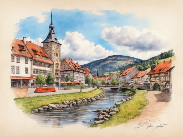 Auf dem Bild ist eine malerische Szene einer kleinen Stadt zu sehen, die von sanften Hügeln umgeben ist. Im Vordergrund fließt ein ruhiger Fluss, der an einem gepflasterten Ufer entlang verläuft. Auf der linken Seite erhebt sich ein stattlicher Uhrenturm, umgeben von historischen Gebäuden mit roten Dächern und Fachwerkarchitektur. Kleine Bäume und Cafés laden zur Erholung ein.Diese Bildbeschreibung erinnert an die idyllische Umgebung von Benneckenstein, einem charmanten Ort im Harz. Die Stadt hat eine vielfältige Geschichte, die von Bergbau und Handwerk geprägt ist. Ähnlich wie auf dem Bild spiegelt auch Benneckenstein die traditionelle Architektur und die natürliche Schönheit der Region wider. Es ist ein Ort, der sowohl Geschichte als auch Natur in harmonischer Weise verbindet.