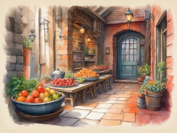 Auf dem Bild ist eine malerische Gasse zu sehen, in der Tische mit frischem Obst und Gemüse aufgestellt sind. Es gibt bunte Schüsseln, die Früchte wie Äpfel, Tomaten und Orangen präsentieren, und eine gemütliche, einladende Atmosphäre wird durch die warmen Farben und das historische Ambiente geschaffen.In kleinen Gassen wie dieser kann man oft kulinarische Geheimtipps entdecken:1. **Lokale Märkte**: Besuchen Sie den lokalen Markt, um frische, saisonale Produkte direkt von den Bauern zu kaufen.2. **Familiengeführte Restaurants**: Kleine, familiäre Restaurants bieten häufig traditionelle Rezepte an, die über Generationen weitergegeben wurden.3. **Street Food Stände**: In vielen Städten verstecken sich großartige Essensstände, die authentische und leckere Gerichte anbieten.4. **Verborgene Cafés**: Entdecken Sie gemütliche Cafés, die handgemachte Backwaren und lokale Spezialitäten servieren.Diese Orte bieten oft einen einzigartigen Einblick in die regionale Küche und kulinarische Traditionen.