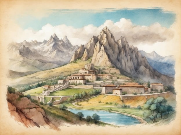Auf dem Bild könnte eine malerische Landschaft zu sehen sein, die an die Umgebung von San Marino erinnert. San Marino, eine der ältesten Republiken der Welt, hat eine faszinierende Geschichte, die bis ins Jahr 301 n. Chr. zurückreicht, als der heilige Marinus die Stadt gründete.Die Architektur könnte hier symbolisch für die Festungen und Türme stehen, die typische Merkmale von San Marino sind, wie die drei Türme auf dem Monte Titano. Die majestätischen Berge im Hintergrund könnten die Apenninen darstellen, die die Region umgeben.San Marino ist bekannt für seine atemberaubende Aussicht und seine mittelalterlichen Bauwerke, die in Einklang mit der natürlichen Schönheit der Umgebung stehen. Die harmonische Verbindung von Natur und Geschichte spiegelt sich vielleicht in dieser idyllischen Szenerie wider.