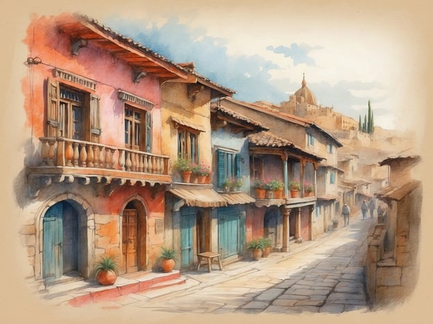 Auf dem Bild sind malerische, bunte Häuser zu sehen, die an einer engen Gasse stehen. Die Architektur mit den Balkonen und Fensterläden ist typisch für mediterrane Städte, möglicherweise angelehnt an italienische oder spanische Dörfer. Pflanzen in Töpfen und der Kopfsteinpflasterweg verleihen der Szenerie eine einladende Atmosphäre.In vielen südeuropäischen Ländern sind solche Gassen oft mit einem reichen kulturellen Erbe verbunden, wo man die lokale Lebensart, die Kunsthandwerke und die Gastronomie entdecken kann. Die sanften Farben und die warme Lichtstimmung vermitteln ein Gefühl von Ruhe und Idylle. Solche Orte sind oft beliebte Reiseziele für Touristen, die das authentische Flair und die Geschichte der Region erleben möchten.