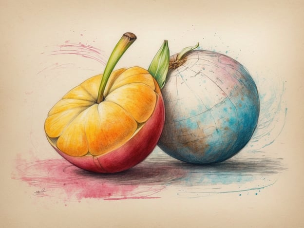 Auf dem Bild sind zwei kunstvoll gezeichnete Obststücke zu sehen. Eines hat die Form einer Kürbissorte in warmen Gelb- und Rottönen, während das andere ein blauer, runder Gegenstand mit einer Textur ist, die an eine Mischung aus Obst und Erde erinnert.In der Anwendung von Lagom im Alltag könnte dies symbolisieren, dass man sich an der Vielfalt und der Schönheit der Natur erfreut und gleichzeitig ein Gleichgewicht zwischen Ästhetik und Nützlichkeit findet. Beispielsweise könnte man sich für eine ausgewogene Ernährung entscheiden und gleichzeitig darauf achten, dass die Speisen sowohl gut aussehen als auch gesund sind. Lagom lehrt uns, dass wir in unseren Entscheidungen – sei es bei der Nahrungsaufnahme oder der Gestaltung von Räumen – das Maß zu finden, das für unser Wohlbefinden optimal ist.
