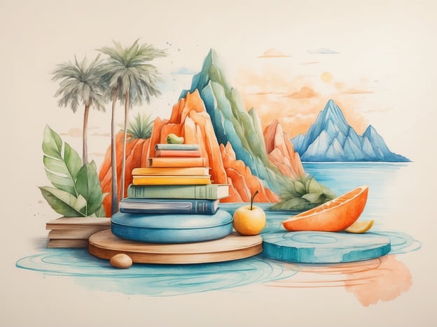 Das Bild zeigt eine harmonische Landschaft mit üppigen Palmen, bunten Bergen und einem ruhigen Wasser. Auf einem stilisierten Tischstapel aus Büchern und Platten liegen frische Früchte, wie ein Stück Melone und ein Apfel.In Bezug auf das Konzept von Lagom, das für ein ausgewogenes und maßvolles Leben steht, könnte man sagen, dass die Szenerie eine beruhigende Atmosphäre ausstrahlt, die zur inneren Ruhe beiträgt. Die ausgewogenen Farben und die Kombination aus Natur und Alltagsgegenständen fördern ein Gefühl von Gelassenheit und Zufriedenheit.Die Vorteile von Lagom sind, dass es Stress reduzieren und das allgemeine Wohlbefinden steigern kann. In einem solchen harmonischen Umfeld fühlt man sich inspirierter und motivierter, was positive Auswirkungen auf die Kreativität und Lebensqualität hat. Gleichzeitig lehrt Lagom, die Dinge in Maßen zu genießen, was sich auch in der liebevollen Detailtreue des Bildes widerspiegelt, ohne überladen zu wirken.
