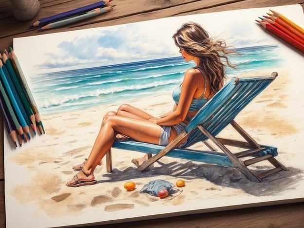 Auf dem Bild ist eine Zeichnung zu sehen, die eine Person auf einem Strandstuhl zeigt, die am Strand sitzt und auf das Meer blickt. Man sieht den feinen Sandstrand und die sanften Wellen, die an die Küste rollen.Aktivitäten, die mit dieser Szene in Verbindung stehen, könnten Entspannung am Strand, Sonnenbaden, das Genießen von frischem Obst oder ein langer Strandspaziergang sein. Sehenswürdigkeiten in Meernähe könnten Strandpromenaden, Strandbars oder Wassersportmöglichkeiten sein.