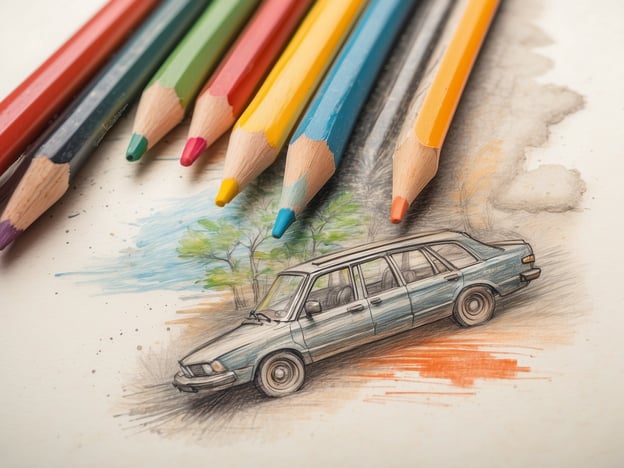 Auf dem Bild sind Buntstifte zu sehen, die um eine Zeichnung eines Autos angeordnet sind. Das Auto wird skizziert, während einige Farben im Hintergrund angedeutete Landschaftselemente wie Bäume und Wolken darstellen.Im Kontext von Nachhaltigkeit im schwedischen Design wird oft betont, wie wichtig es ist, umweltfreundliche Materialien zu verwenden und langlebige Produkte zu gestalten. Diese Prinzipien könnten auch auf kreative Prozesse angewendet werden, etwa durch den Einsatz von nachhaltigen Farben und Papier für solche Zeichnungen. Schwedisches Design strebt nach Funktionalität, Ästhetik und Umweltbewusstsein, was sich in vielen kreativen Arbeiten widerspiegelt.