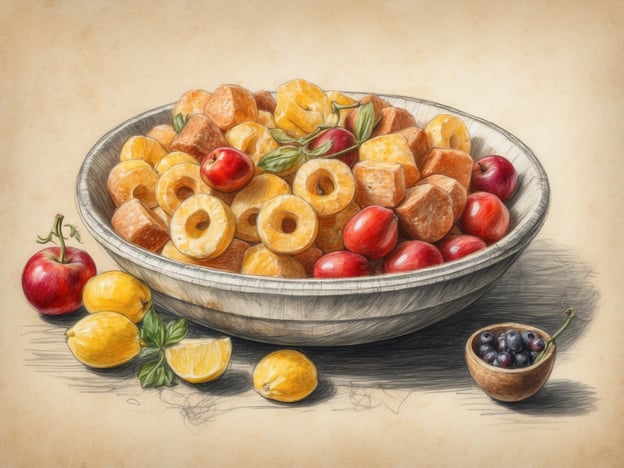 Auf dem Bild ist eine Schüssel mit einer bunten Mischung aus Obst und Snacks zu sehen, darunter runde und quadratische Stücke sowie verschiedene Früchte wie Äpfel, Zitronen und eventuell eine Beerenmischung.In der schwedischen Ernährung hat Knäckebrot eine besondere Bedeutung. Es ist ein Grundnahrungsmittel, das oft als begleitendes Element zu Mahlzeiten serviert wird. Knäckebrot ist reich an Ballaststoffen und gilt als eine gesunde Alternative zu anderen Brotsorten. Es wird häufig mit Belägen wie Käse, Butter, oder Gemüse kombiniert und ist deshalb ein wichtiger Bestandteil der schwedischen Esskultur.