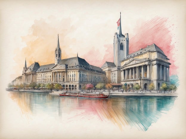 Auf dem Bild ist eine malerische Darstellung einer Uferpromenade zu sehen, die wahrscheinlich in einer Stadt wie Zürich oder Genf angesiedelt ist. Die Architektur der Gebäude deutet auf historischen und kulturellen Einfluss hin, was typisch für die beiden Städte ist, die als wirtschaftliche Zentren der Schweiz gelten.In Zürich, bekannt für seine Banken und Finanzinstitute, stehen solche Gebäude oft im Zeichen von Handel und internationaler Finanzwirtschaft. Genf hingegen ist berühmt für internationale Organisationen und Diplomatie, was die Bedeutung der dargestellten Architektur unterstreicht.Die ruhige Wasseroberfläche und die umgebende Landschaft schaffen eine ansprechende Atmosphäre, die sowohl für Touristen als auch für Geschäftsreisende von Interesse ist. Solche Impressionen sind charakteristisch für die Schweiz, wo Tradition und wirtschaftliches Wachstum in harmonischem Einklang stehen.