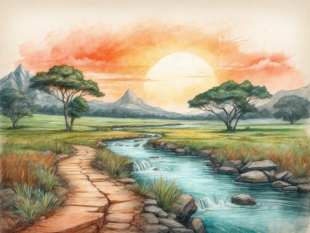 Auf dem Bild ist eine malerische Landschaft zu sehen, die eine harmonische Verbindung zwischen Natur und Umwelt darstellt. Der Sonnenuntergang erzeugt eine warme Atmosphäre, während der Fluss, der durch die grüne Wiese fließt, ein wichtiges Element für die Biodiversität und den Erhalt von Lebensräumen ist.Naturschutzinitiativen könnten sich darauf konzentrieren, solche Landschaften zu schützen und nachhaltige Wege zu fördern, um die Umwelt zu bewahren. Das Bild erinnert uns daran, wie wichtig es ist, unsere natürlichen Ressourcen zu schätzen und Maßnahmen zum Schutz unserer Ökosysteme zu ergreifen, um die Schönheit der Natur für zukünftige Generationen zu bewahren.