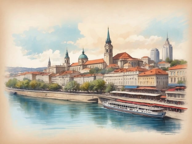 Das Bild zeigt eine malerische Aussicht auf eine Stadtlandschaft, die möglicherweise Belgrad darstellt. Man sieht eine Uferpromenade mit einem Fluss, der durch die Stadt fließt, sowie historische Gebäude mit verschiedenen architektonischen Stilen, die die kulturelle Vielfalt der Region widerspiegeln.In Belgrad sind historische Kirchen, moderne Hochhäuser und schöne, grüne Uferbereiche zu finden, die das reiche Erbe und die multikulturelle Geschichte der Stadt symbolisieren. Diese Vielfalt zeigt sich in den unterschiedlichen kulturellen Einflüssen, die über die Jahrhunderte hinaus in der Stadt gelebt und gewirkt haben.