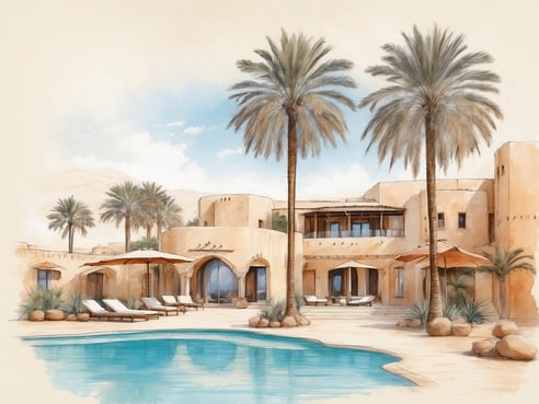 Eine malerische Ansicht des Anantara Sahara Tozeur Resort and Villas in Tunesien, umgeben von eleganten Palmen. Im Vordergrund befindet sich ein einladender, blauer Swimmingpool, der von modernen Liegen und Sonnenschirmen gesäumt wird. Die Architektur der Villa zeigt warme Sandtöne und geschwungene Formen, die sich harmonisch in die Wüstenlandschaft einfügen. Ein klarer Himmel mit sanften Wolken vollendert die friedliche Szene.