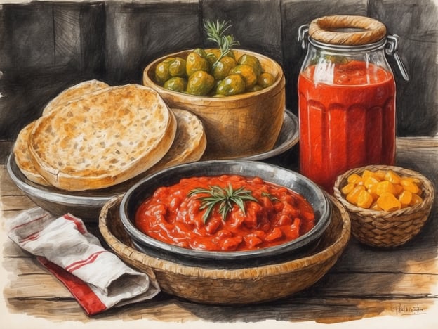Auf dem Bild sind verschiedene serbische Spezialitäten zu sehen. Die Hauptkomponente scheint eine Art Tomatensoße oder Ajvar zu sein, was sehr typisch für die serbische Küche ist. Ajvar ist ein eingelegter Paprika-Dip, der in vielen Gerichten verwendet wird.Zusätzlich sieht man Fladenbrot, das oft zu vielen serbischen Gerichten serviert wird. Die Schalen enthalten wahrscheinlich eingelegte Oliven oder andere eingelegte Gemüsesorten, die ebenfalls in der serbischen Küche geschätzt werden. Ein Glas mit einer weiteren roten Soße oder Paste könnte ebenfalls Ajvar oder eine hausgemachte Tomatensoße sein.Insgesamt vermittelt das Bild ein Gefühl von herzhaftem und traditionellem serbischem Essen.