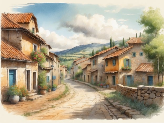 Auf dem Bild ist eine idyllische landschaftliche Szene mit einer malerischen Straße zu sehen, die von traditionellen Häusern gesäumt ist. Die Architektur erinnert an ländliche Gebiete, möglicherweise inspiriert von der südeuropäischen Bauweise.Wenn man die Geschichte der Slowakei betrachtet, gibt es viele Dörfer und Städte, die ähnlich charmant sind, mit gut erhaltenen historischen Gebäuden und einer tief verwurzelten Kultur. Die Slowakei hat eine reiche Tradition von Landhausarchitektur, die oft von der Natur umgeben ist. Diese Art von Landschaft spiegelt die ländliche Idylle wider, die viele Slovaken mit ihrer Heimat verbindet, insbesondere in Regionen wie dem kleinen Karpatengebirge oder den Hohen Tatra.