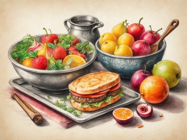 Auf dem Bild sind verführerische kulinarische Genüsse zu sehen. Im Vordergrund liegt ein appetitlicher Burger auf einem Serviertablett, umgeben von frischen Zutaten wie Salat und Tomaten. Neben dem Burger befindet sich eine halbe Mandarine, die ein Hauch von Frische verspricht.Im Hintergrund steht eine große Schüssel mit einer bunten Mischung aus verschiedenen Früchten, darunter Erdbeeren, Orangen und andere Sorten. Diese Vielfalt symbolisiert nicht nur kulinarische Höhepunkte, sondern auch den Reichtum und die Fülle der Natur.Zusätzlich sieht man eine Schüssel mit Äpfeln und anderen Früchten, die ein Gefühl von saisonalen Leckereien und regionalen Köstlichkeiten vermittelt. Diese Darstellung von Essen spiegelt zusätzlich kulturelle Highlights wider, die sich um gesunde Ernährung und die Freude am Genuss drehen.