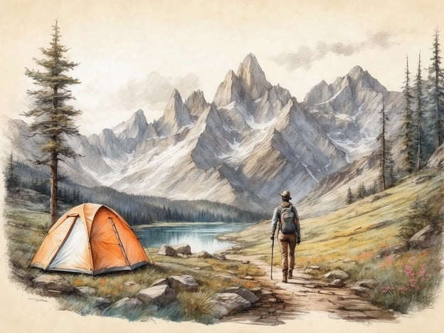 Auf dem Bild sind idyllische Natur- und Abenteueraktivitäten zu sehen. Ein Wanderer mit einem Rucksack erkundet einen malerischen Pfad entlang eines Sees, umgeben von hohen Bergen und einer beeindruckenden Landschaft. In der Nähe steht ein orangefarbenes Zelt, das ideal für Campingausflüge ist.Für Natur- und Abenteuerliebhaber bietet diese Szene einige Aktivitäten wie:1. **Wandern:** Die traumhafte Berglandschaft lädt dazu ein, die Natur auf erlebnisreichen Wanderungen zu entdecken.2. **Camping:** Das Zelt bietet die Möglichkeit, in der Natur zu übernachten und unter dem Sternenhimmel zu schlafen.3. **Fotografie:** Die spektakuläre Kulisse eignet sich hervorragend für beeindruckende Naturfotografien.4. **Angeln:** Der ruhige See könnte ideale Bedingungen für Angelausflüge bieten.5. **Naturbeobachtung:** Die Umgebung bietet viele Möglichkeiten zur Beobachtung von Wildtieren und Pflanzen.Insgesamt ist dies ein perfekter Ort für Outdoor-Aktivitäten und um die Schönheit der Natur zu genießen.