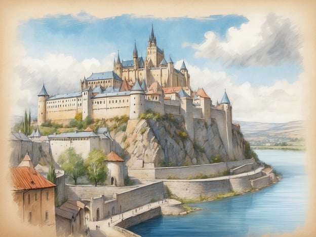 Auf dem Bild ist eine malerische Darstellung einer beeindruckenden Burg auf einem Hügel, umgeben von einer Wasserfläche. Diese Szenerie erinnert an die Burg Bratislava, die hoch über der Stadt thront und eine lange Geschichte hat.Die Geschichte von Bratislava ist geprägt von ihrer strategischen Lage an der Donau, die im Laufe der Jahrhunderte viele Kulturen und Zivilisationen angezogen hat. Die Burg diente nicht nur als Verteidigungsstätte, sondern auch als Residenz für Könige und bedeutende Persönlichkeiten.Bratislava, früher als Pressburg bekannt, spielte eine zentrale Rolle im Mittelalter und war zeitweise die Krönungsstadt der ungarischen Könige. Die Burg war ein Symbol der Macht und des Schutzes in turbulenten Zeiten und zieht auch heute noch viele Besucher an, die die beeindruckende Architektur und den herrlichen Ausblick auf die umliegende Landschaft genießen möchten.