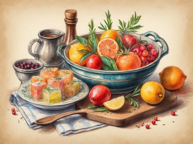 Auf dem Bild ist ein kunstvolles Arrangement aus frischen Früchten und einer Auswahl an süßen Leckereien zu sehen. In einer schönen Schüssel befinden sich verschiedene Zitrusfrüchte wie Orangen und Zitronen, die häufig in Festlichkeiten und Feiertagen verwendet werden, da sie Frische und Vitalität symbolisieren.Neben den Früchten sind auch kleine süße Würfel sichtbar, möglicherweise spezielle Gelees oder Desserts, die oft in besonderen Anlässen serviert werden. Solche Süßigkeiten finden man oft auf festlichen Tafeln, sei es zu Hochzeiten, Geburtstagen oder Familienfeiern.Die verschiedenen Beeren in der kleinen Schale könnten eine Anspielung auf die Erntezeit und die Wertschätzung saisonaler Produkte sein, die in vielen Kulturen ein zentraler Bestandteil kulinarischer Traditionen ist. Insgesamt vermittelt das Bild eine festliche Stimmung und zelebriert die Freude an gemeinsamem Essen und lokalen, frisch zubereiteten Zutaten.