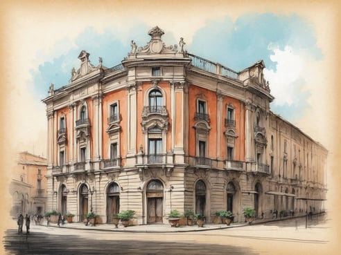 Das Bild zeigt die elegante Fassade des NH Hotels Avani Palazzo Moscova in Mailand, Italien. Das Gebäude kombiniert klassizistische und barocke Elemente mit einem warmen orangen Farbton. Im Vordergrund sind große Pflanzkübel mit grünen Pflanzen zu sehen, die den Eingangsbereich des Hotels umrahmen. Menschen schlendern auf der Straße vorbei, was eine lebendige Atmosphäre vermittelt. Der Himmel ist hell und klar, was die freundliche und einladende Erscheinung des Hotels unterstreicht.