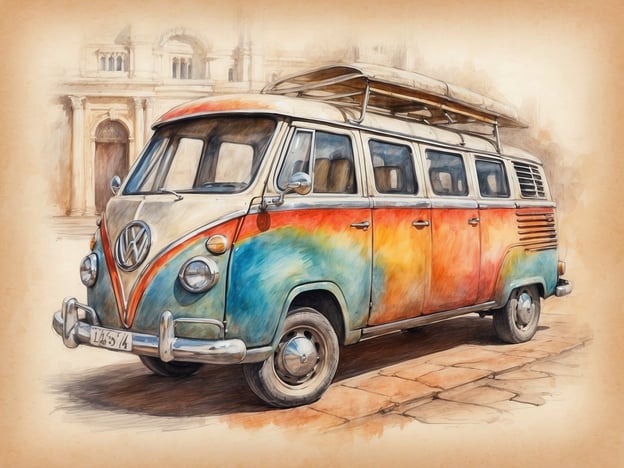 Auf dem Bild ist ein farbenfroher VW-Bus zu sehen, der eine vintage-ähnliche Ausstrahlung hat. Der Bus hat eine Mischung aus Blau, Orange und Rot, was ihn lebhaft und auffällig macht. Man kann auch ein Dachgepäckträger erkennen, der typischerweise mit Roadtrips und Freizeitaktivitäten assoziiert wird.Dieser VW-Bus symbolisiert nicht nur Abenteuer und Freiheit, sondern steht auch für kulturelle Vielfalt. Er ist ein beliebtes Fahrzeug in vielen Ländern und hat in verschiedenen Kulturen unterschiedliche Bedeutungen angenommen. Er kann die Idee von Gemeinschaft, Reise und dem Entdecken neuer Kulturen und Landschaften verkörpern.