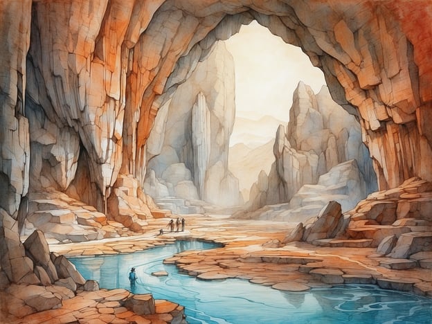 Auf dem Bild ist eine beeindruckende Höhlenlandschaft zu sehen, die von großen Felsformationen und einem ruhigen Gewässer geprägt ist. In der Szene befinden sich mehrere Personen, die möglicherweise die Höhle erkunden oder forschen.Moderne Entdeckungsmethoden in solchen Höhlen umfassen Techniken wie 3D-Scanning, Luftbildfotografie und die Verwendung von Drohnen, um präzise Karten zu erstellen und die Geologie der Umgebung besser zu verstehen. Außerdem kommen oft geophysikalische Messungen zum Einsatz, um verborgene Strukturen zu entdecken, sowie moderne Beleuchtungstechnologien, die die Entdeckung und Erkundung erleichtern.