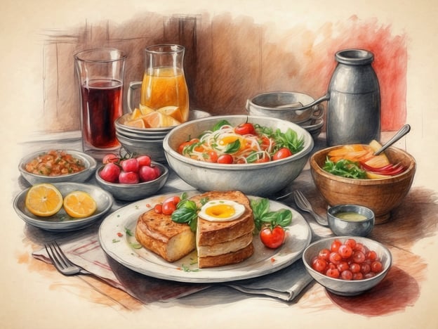 Auf dem Bild ist eine vielfältige und ansprechende Mahlzeit zu sehen, die typisch für ein reichhaltiges Frühstück ist. Es gibt verschiedene Speisen, darunter eine Scheibe Brot mit einem Spiegelei, frische Tomaten, eine Salatplatte und verschiedene Beilagen wie Zitronen und Beeren. Dazu sind Getränke wie Fruchtsäfte und möglicherweise Wasser und Milch zu sehen.In Slowenien findest du viele Foodie-Hotspots, die ähnliche köstliche Gerichte anbieten. Einige empfehlenswerte Orte sind:1. **Klub Kruh** in Ljubljana – bekannt für exzellente Frühstücksoptionen und frische Zutaten.2. **Mala Terasa** in Piran – bietet herrliche lokale Küche mit Blick auf das Meer.3. **Café Cacao** in Ljubljana – berühmt für seine süßen Leckereien und Frühstücksvariationen.Diese Orte bieten eine wunderbare Gelegenheit, die slowenische Kulinarik zu entdecken und zu genießen!