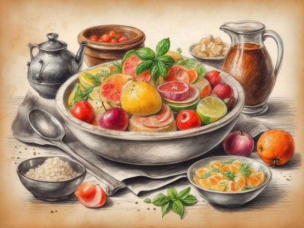 Auf dem Bild ist ein üppiger Obstsalat zu sehen, der aus einer Vielzahl von frischen Früchten wie Zitrusfrüchten, Äpfeln und Tomaten besteht. Der Salat wird von frischen Kräutern, vermutlich Basilikum, begleitet und in einer großen Schüssel serviert. Daneben sind verschiedene Gefäße mit einer Art Sirup oder Dressing zu sehen, sowie eine Schüssel mit kleinen Würfeln, möglicherweise Zucker oder Trockenfrüchten.In unentdeckten Gebieten könnte ein solches Gericht regional variieren, indem es lokale Früchte und Gewürze integriert. Die Vielfalt der Zutaten spiegelt die kulinarischen Schätze wider, die in unbekannten Regionen entdeckt werden können, und lädt dazu ein, die Geschmäcker und Texturen der Natur zu erkunden. Ornamental ansprechend, könnte dieser Salat ein Teil von Festlichkeiten oder besonderen Anlässen sein, um die frischen Erzeugnisse der Region zu feiern.