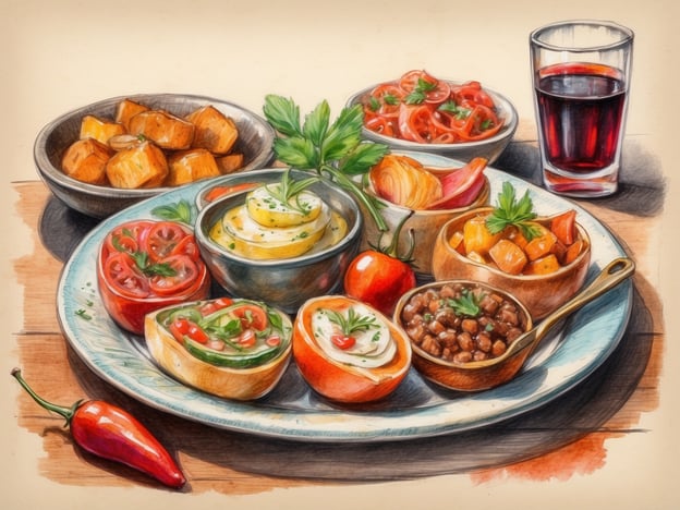 Auf dem Bild sind verschiedene kulinarische Höhepunkte einer Tapas-Tour zu sehen. Es gibt eine Reihe von kleineren Gerichten, die typischerweise in spanischen Bars serviert werden.1. **Gefüllte Tomaten** – Frische Tomaten, gefüllt mit einer köstlichen Mischung aus Kräutern und Käse.2. **Kartoffeln** – Wahrscheinlich Patatas Bravas, die knusprig gebraten und vielleicht mit einer würzigen Soße serviert werden.3. **Hülsenfrüchte** – Ein Gericht aus kleinen Bohnen oder Linsen, das herzhaft gewürzt ist.4. **Gemüse** – Bunte, eingelegte oder frische Gemüsevariationen, die den Tapas-Platten Farbe und Frische verleihen.5. **Oliven** – Eine Auswahl an Oliven könnte ebenfalls dazugehören, die oft zu Tapas gereicht werden.6. **Ein Glas Rotwein** – Passend zu den Tapas, um das Geschmackserlebnis abzurunden.Diese vielfältige Präsentation lädt dazu ein, sie gemeinsam zu genießen und die Aromen Spaniens zu entdecken!