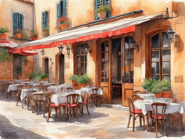 Auf dem Bild ist ein malerisches Restaurant oder eine Tapas-Bar zu sehen, das mit Tischen und Stühlen im Freien dekoriert ist. Die Einrichtung hat ein charmantes, einladendes Ambiente, ergänzt durch Pflanzen und Sonnenschirme.Wenn du entlang einer Route nach den besten Tapas-Bars und Restaurants suchst, solltest du folgende Optionen in Betracht ziehen:1. **Bar Tomate** – Bekannt für frische Tapas und eine lebhafte Atmosphäre.2. **La Tapería** – Berühmt für ihre traditionellen spanischen Tapas und eine große Auswahl an Weinen.3. **Casa de Tapas** – Ein verstecktes Juwel mit authentischen Gerichten und einer gemütlichen Terrasse.4. **El Tapeo** – Bietet kreative Tapas-Kombinationen und eine schöne Außensitzfläche.Diese Orte könnten ähnliche Atmosphäre und gastronomische Erlebnisse bieten wie das abgebildete Restaurant!
