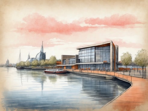 Das Bild zeigt eine künstlerische Darstellung des NH Hotels Amsterdam Noord in den Niederlanden. Im Vordergrund ist ein ruhiger Wasserbereich mit einem kleinen roten Boot sichtbar. Am Ufer stehen moderne Gebäude mit großen Fenstern, die eine einladende Atmosphäre ausstrahlen. Die Umgebung ist mit Bäumen und Gehwegen gestaltet, die zum Fluss führen. Im Hintergrund sind weitere architektonische Strukturen zu sehen, darunter einige auffällige, futuristische Bauwerke. Der Himmel ist in sanften Rosa- und Orangetönen gefärbt, was eine friedliche Abendstimmung vermittelt.