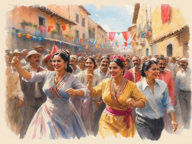 Auf dem Bild sind Menschen zu sehen, die an einer festlichen Feier teilnehmen. In der Mitte des Geschehens stehen zwei Frauen in traditioneller Kleidung, die fröhlich tanzen und lachen. Der Hintergrund ist mit bunten Fahnen geschmückt, und viele Menschen beobachten und jubeln.Fiestas spielen eine zentrale Rolle in der spanischen Kultur. Sie sind nicht nur Ausdruck von Tradition und Gemeinschaft, sondern auch eine Gelegenheit, das Leben zu feiern. Diese Feste beinhalten oft Musik, Tanz, kulinarische Spezialitäten und religiöse Zeremonien. Sie fördern den sozialen Zusammenhalt und sind ein wichtiger Teil des kulturellen Erbes, das von Generation zu Generation weitergegeben wird. Die fröhliche Atmosphäre und das gemeinsame Feiern tragen zur Stärkung der Identität und zum Gemeinschaftsgefühl bei.