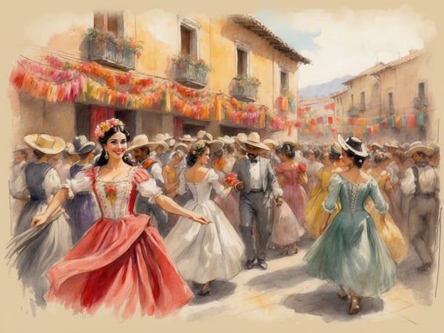 Auf dem Bild ist eine fröhliche Szene zu sehen, die an eine typische spanische Fiesta erinnert. Diese Feste sind bekannt für ihre lebendige Atmosphäre, traditionelle Kleidung und festliche Aktivitäten.Eine solche Fiesta könnte die **Feria de Abril** in Sevilla sein, die für ihre bunten Kleider, Tänze, Musik und festlich geschmückten Stände berühmt ist. Die Leute tanzen oft Flamenco, während sie lokale Speisen und Getränke genießen.Eine andere Möglichkeit ist die **San Fermín**-Feier in Pamplona, bekannt für die Stierläufe, aber auch für die ausgelassene Stimmung in den Straßen, wo sich die Menschen in traditioneller Kleidung versammeln und feiern.Die bunten Dekorationen und das fröhliche Miteinander im Bild spiegeln das feierliche und gesellige Wesen dieser Fiestas wider, bei denen Gemeinschaft, Musik und Tanz im Vordergrund stehen.