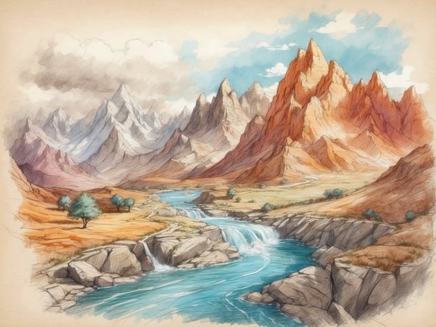 Auf dem Bild sind Abenteuerliche Routen durch die atemberaubende Natur zu sehen. Majestätische Berge erheben sich in den Hintergrund, während ein klarer Fluss durch die Landschaft fließt. Die Kombination aus felsigen Ausläufern, sanften Wiesen und sprudelnden Wasserfällen lädt zu Erkundungstouren ein, die die Schönheit der Natur in vollen Zügen zeigen. Grüne Bäume und die unterschiedlichen Farbtöne der Erde und Berge schaffen eine beeindruckende Szenerie, die das Herz für Abenteuer schlägt.