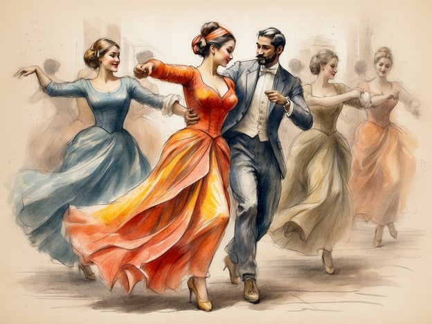 Auf dem Bild sind mehrere Tänzerinnen und Tänzer in traditioneller Kleidung zu sehen, die miteinander tanzen. Der Flamenco, der in der modernen Welt eine wichtige Rolle spielt, wird oft als Ausdruck von Kultur und Identität wahrgenommen. Er verbindet Musik, Tanz und Gesang und hat sich zu einem Symbol für die spanische Kultur entwickelt.In der heutigen Gesellschaft fördert der Flamenco den interkulturellen Austausch und inspiriert Künstler weltweit. Durch Veranstaltungen, Schulen und Festivals wird das Bewusstsein für diese Kunstform gestärkt, was zur Bewahrung und Weiterentwicklung der Tradition beiträgt. Der Flamenco steht somit nicht nur für Unterhaltung, sondern auch für tief verwurzelte Geschichten und Emotionen, die in der globalisierten Welt einen wichtigen Platz einnehmen.