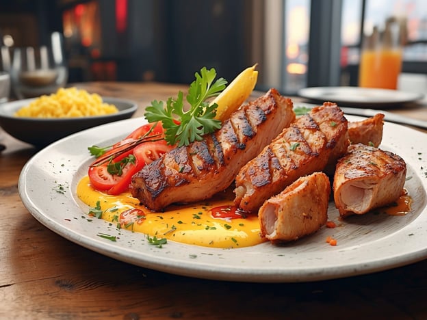 Auf dem Bild ist ein ansprechend präsentierter Teller mit gegrilltem Fleisch und Beilagen zu sehen. Besonders hervorstechen die Portionen von gegrilltem Fisch und Fleisch, umgeben von frischem Gemüse und Tomaten. Dazu gibt es eine würzige Sauce, die das Gericht perfekt ergänzt.
Kulinarische Highlights, die ähnlich aussehen könnten, sind zum Beispiel:
- **Gegrillter Thunfisch**: Ein beliebtes Gericht in hochwertigeren Fischrestaurants, oft serviert mit einer Beilage aus Salat und Zitronen.
- **Steakhouse**: Hier könnte man ein saftiges Filetsteak mit gegrillten Beilagen erwarten.
Einige der besten Restaurants für solch exquisite Gerichte könnten zum Beispiel sein:
- **Noble Grill**: Bekannt für seine hochwertigen Steaks und frischen Fischgerichte.
- **Fischmarkt**: Ein erstklassiges Restaurant mit Fokus auf frische Meeresfrüchte und kreative Zubereitungen.
Solche gastronomischen Erlebnisse bieten nicht nur köstliche Speisen, sondern auch eine wunderbare Atmosphäre.