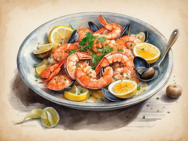 Auf dem Bild ist ein buntes Gericht mit Garnelen und Muscheln zu sehen, das mit Zitronenscheiben und frischen Kräutern garniert ist. Dieses Gericht erinnert an die köstliche Meeresfrüchteküche von Menorca.
Zu den kulinarischen Highlights Menorcas zählen:
1. **Caldereta de Langosta** – Ein traditioneller Hummer-Eintopf, der reichhaltig und aromatisch ist.
2. **Sobrasada** – Eine würzige, rot-orangefarbene Wurst, die aus Schweinefleisch und Paprika hergestellt wird.
3. **Queso Mahón** – Ein köstlicher Käse, der perfekt zu regionalen Weinen passt.
4. **Arroz de Pescado** – Ein schmackhaftes Reisgericht mit frischen Fischen und Meeresfrüchten.
Diese Spezialitäten spiegeln die gastronomische Vielfalt und die Verbindung zur mediterranen Küche wider.