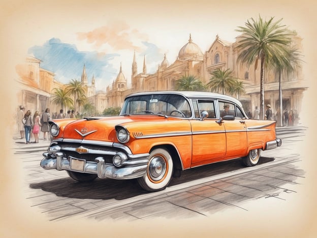 Auf dem Bild ist ein farbenfrohes, klassisches Auto zu sehen, das wahrscheinlich aus den 1950er Jahren stammt. Das Auto hat eine orange Farbe und verfügt über typische Designelemente dieser Ära, wie zum Beispiel einen großen Kühlergrill und geschwungene Linien.
### Tipps für Anfänger:
1. **Farben analysieren**: Achte darauf, wie die Farben auf dem Bild verwendet werden. Hier dominieren warme orangene Töne, die eine freundliche Atmosphäre schaffen.
2. **Formen erkennen**: Versuche, die Formen des Autos und die Umgebung zu identifizieren. Das Auto hat runde Scheinwerfer und eine ausgeprägte Frontpartie.
3. **Hintergrund beachten**: Schau dir den Hintergrund an. Die Architektur und Palmen im Bild deuten auf eine sonnige, heiße Umgebung hin.
### Tipps für Fortgeschrittene:
1. **Stil und Epoche**: Überlege, welche Designmerkmale typisch für Autos der 1950er Jahre sind. Diese Zeit ist bekannt für geschwungene Formen und auffällige Farben.
2. **Emotionalen Ausdruck**: Wie fühlt sich das Bild an? Nutze diese Emotionen, um eine Geschichte zu entwickeln, die das Auto und die Umgebung verbindet.
3. **Details betrachten**: Achte auf feinere Details, wie das Licht- und Schattenspiel auf dem Auto. Diese Elemente tragen zur Tiefe und Real