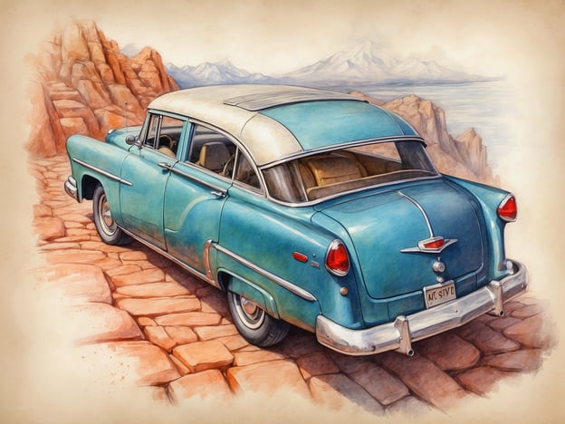 Auf dem Bild ist ein klassisches, nostalgisches Auto zu sehen, das auf einer steinigen Straße steht, umgeben von Felsen und einer malerischen Landschaft. Es vermittelt ein Gefühl von Abenteuer und Freiheit.Wenn du in Český Krumlov abseits der Touristenpfade unterwegs bist, könntest du in den weniger besuchten Stadtteilen wunderschöne, alte Gebäuden entdecken oder gemütliche Cafés finden, die regionale Spezialitäten anbieten. Außerdem lohnt sich ein Spaziergang entlang der Moldau, wo du die ruhige Atmosphäre und die beeindruckende Natur genießen kannst, fernab der Haupttouristenströme.