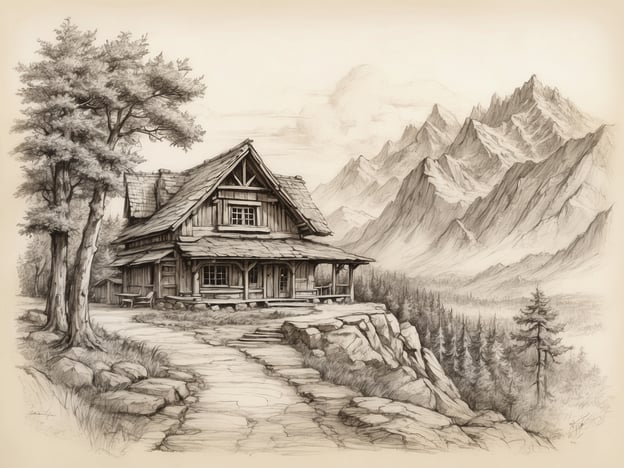 Auf dem Bild ist eine malerische Holzhütte zu sehen, die an einem Hang steht und von einem Pfad umgeben ist. Im Hintergrund erheben sich majestätische Berge, die von einer ruhigen Landschaft umgeben sind. Die Szenerie strahlt eine friedliche und idyllische Atmosphäre aus, als würde sie die Geschichte von Zorge erzählen – einem Ort der Ruhe und Besinnung.Die Hütte könnte der Treffpunkt eines kleinen Stammes oder einer Gemeinschaft sein, die in Harmonie mit der Natur lebt. Die Berge könnten als schützende Mauern gedeutet werden, die die Menschen vor äußeren Gefahren bewahren. Dieser Rückzugsort würde den Bewohnern Kraft und Sicherheit geben, wie es in Zorge der Fall ist, wo der Mensch im Einklang mit der Natur lebt und seine Spiritualität findet.