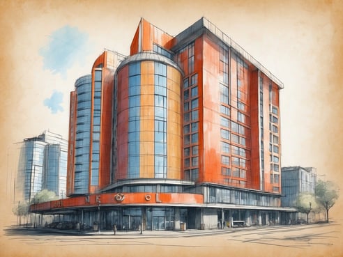 Das Bild zeigt das NH Hotels Atlanta in Rotterdam, Niederlande. Es handelt sich um ein modernes Gebäude mit einer auffälligen Fassade in orange und blau. Die Architektur ist zeitgemäß und zeichnet sich durch große Fenster sowie geschwungene Elemente aus. Vor dem Hotel sind einige Personen zu sehen, die sich auf dem Gehweg bewegen. Die Umgebung des Hotels ist urban mit weiteren Gebäuden im Hintergrund und einigen Bäumen entlang der Straße.