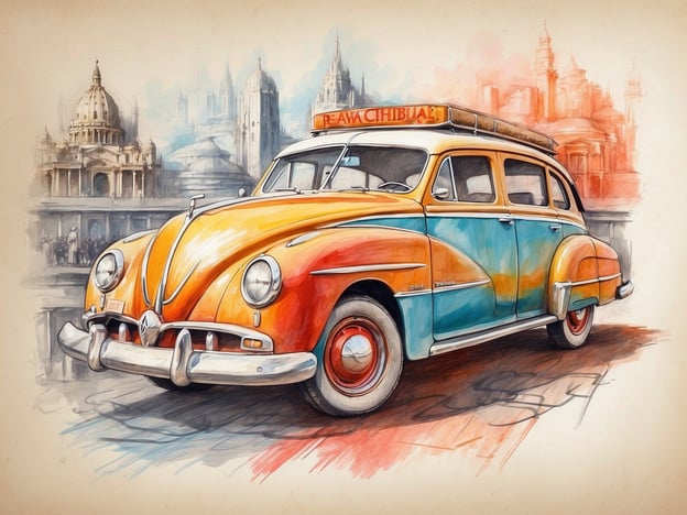 Auf dem Bild ist ein farbenfrohes, klassisches Auto zu sehen, das an die reichen Traditionen und die lebendige Kultur Lateinamerikas erinnert. Die leuchtenden Farben des Fahrzeugs rufen eine Atmosphäre von Lebensfreude und Fiesta hervor, ähnlich den bunten Märkten, wo lokale Gaumenfreuden wie Tacos, Tamales und frische Fruchtsäfte angeboten werden.Im Hintergrund erahnt man beeindruckende, historische Architektur, die kulturelle Highlights aus verschiedenen Epochen darstellt. Diese Architektur ist oft Zeuge lebhafter Feste und kultureller Veranstaltungen, bei denen Musik, Tanz und kulinarische Spezialitäten im Vordergrund stehen. Das Bild verbindet somit die Freude am Fahren mit der feierlichen Energie und den köstlichen Angeboten der südamerikanischen Kultur.