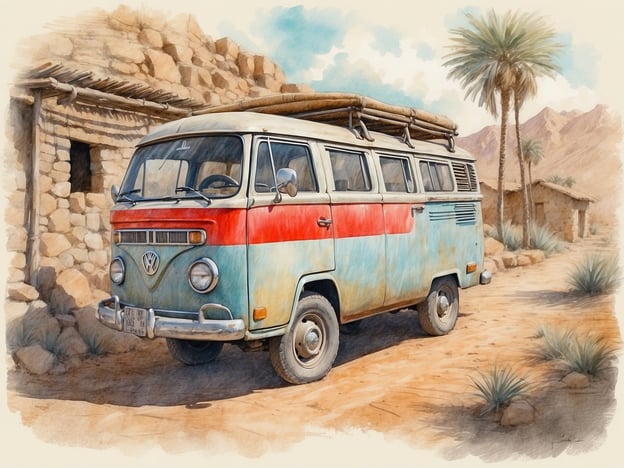 Auf dem Bild ist ein nostalgischer Volkswagen-Bus zu sehen, der in einer schlichten, wüstenähnlichen Umgebung steht. Im Hintergrund erkennt man einige Felsen und eine kleine, traditionelle Steinstruktur, die auf lokale Bauweisen hinweist. Palmen runden die Szene ab und verleihen ihr ein tropisches Flair.Solch ein Ort könnte reizvolle kulturelle Entdeckungen jenseits der Hauptattraktionen bieten. Man könnte zum Beispiel mit Einheimischen ins Gespräch kommen, um mehr über ihre Traditionen und Lebensweisen zu erfahren. Vielleicht gibt es Märkte, wo handgefertigte Kunstgegenstände oder lokale Speisen verkauft werden. Auch die Erkundung der Umgebung könnte zu versteckten Naturwundern oder weniger bekannten historischen Stätten führen, die oft abseits der üblichen Touristenpfade liegen.