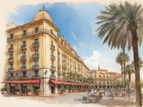 Das Bild zeigt das NH Hotels Avenida Jerez in Spanien, eine elegante, gelbe Gebäudeansicht mit mehreren Balkonen und einem markanten Kuppelturm. Im Vordergrund sind Palmen zu sehen, die eine mediterrane Atmosphäre schaffen. Auf dem Platz vor dem Hotel gibt es eine belebte Szene mit Menschen, die spazieren gehen und sich entspannen, während einige Tische mit Stühlen aufgestellt sind. Der Himmel ist blau mit vereinzelten Wolken, was auf schönes Wetter hinweist.